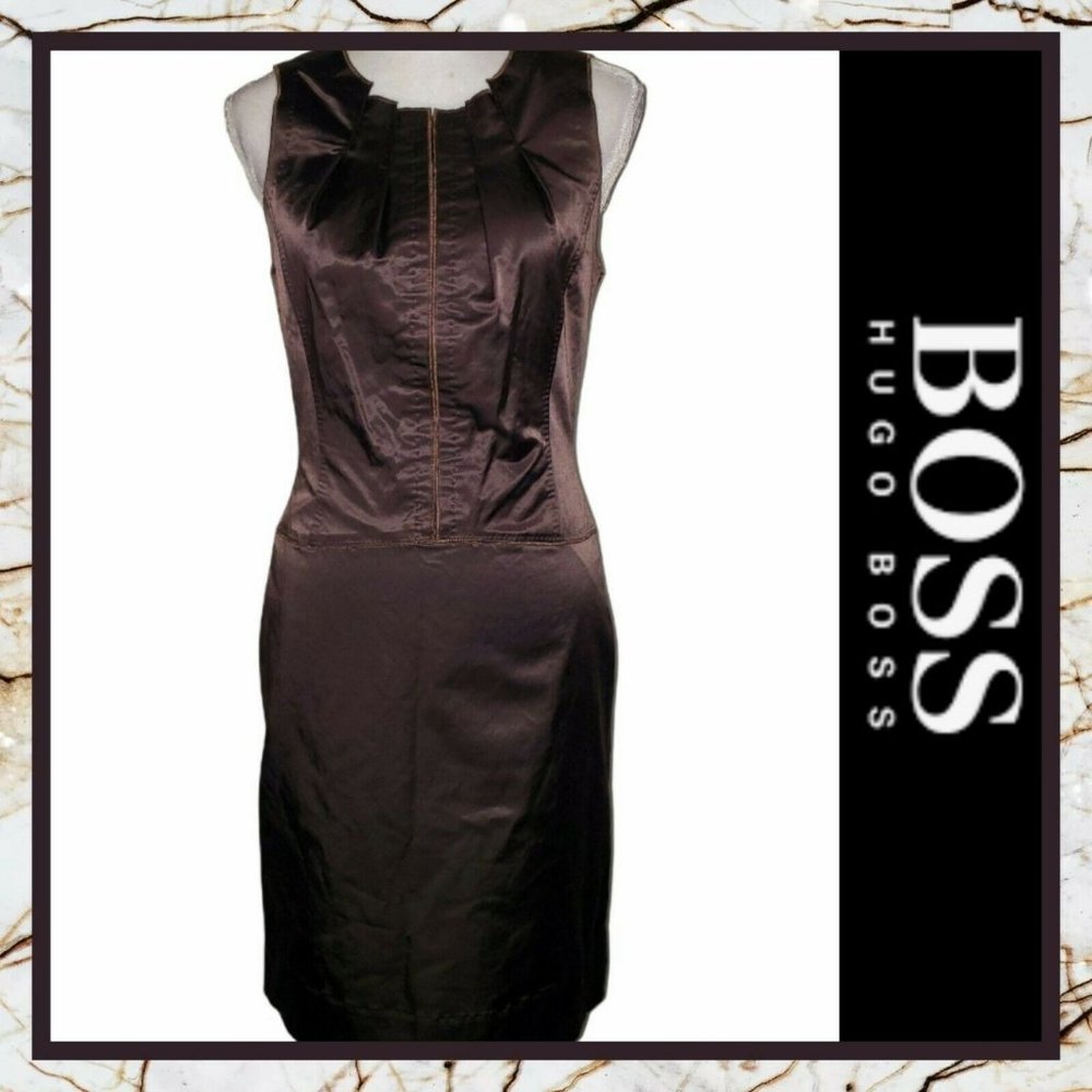 HUGO BOSS Women's Size 6 Dark Brown Sheath Sleeveless Dress, Pleated Bodice